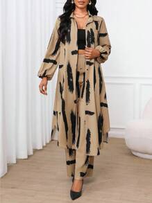 SHEIN Lady 春夏秋冬休闲优雅工作彩色梭织衬衫领主教袖口袋长袖套装度假两件套教堂服装女士办公室服装女士夏季服装，2 件夏季服装 - 彩色 - 查看 6