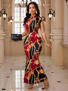 SHEIN Lady Đầm nữ kiểu dáng thanh lịch tay ngắn dáng đuôi cá in họa tiết dây xích, ôm sát, năm 2025, phong cách Ankara, đầm in họa tiết châu Phi. - Đỏ - Xem 7