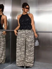 Jeanoix 大码女式无弹力牛仔裤，休闲舒适修身斑马纹直筒工装裤，女式牛仔装 - 彩色 - 查看 2