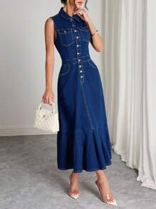 SHEIN Elenzya 女式合身褶皱鱼尾牛仔连衣裙 - 深色水洗藍 - 查看 6