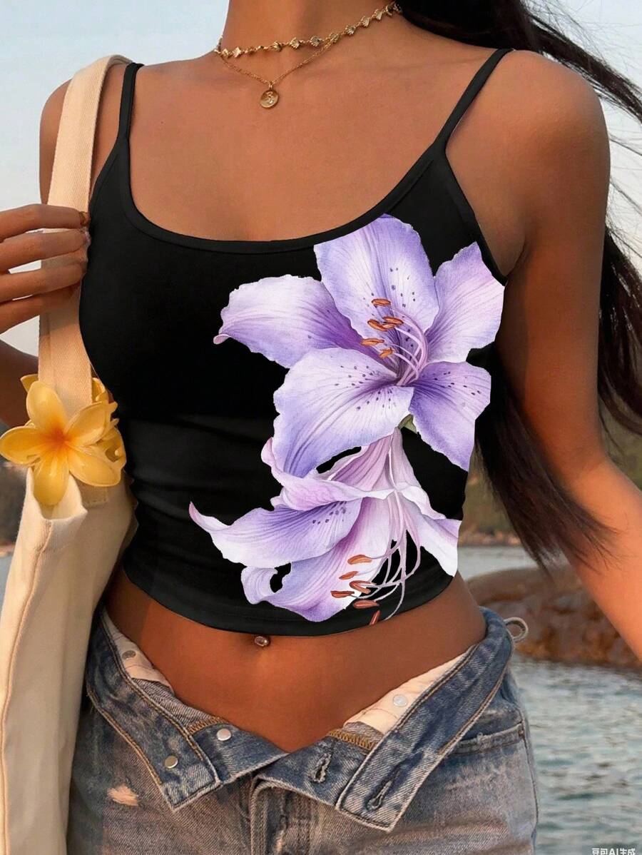 SHEIN EZwear 女士时尚度假休闲花卉印花吊带背心 - 彩色 - 查看 1