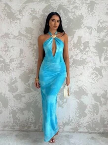 Glamine 女式贝壳装饰露背蓝色夏季海滩度假性感旅行节日派对连衣裙 - 随机印花图案选择 - 彩色 - 查看 6