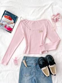 SHEIN Pink Scoop Neck Long Sleeve Cute T-Shirt For Teen Girls With Asymmetrical Hem Cute Tops Teen Girl Clothes Long Sleeve Tops Cute Clothes Girls Clothes Fall Winter - Pink - View 8