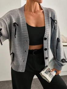 EURMUSE 女士灰色简约日常领结领结开衫 - 灰色 - 查看 3