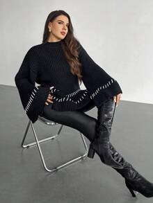 Firerie Plus Size Women's Casual Everyday Minimalist White Contrast Edge Side Slit Knit Pullover Sweater, Autumn/Winter Ribbed Sweaters Women Sweaters Plus Size Sweaters Sweaters With Bell Sleeves Embroidered Sweaters - Black - View 7