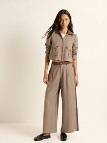 Nöista 阔腿高腰裤采用棕色格子图案，搭配深色侧条纹和撞色腰带，非常适合秋季、办公室和休闲装 - 彩色 - 查看 6