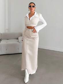 EURMUSE Cao eo Bất đối xứng Raw Hem Váy Denim - Màu be - Xem 3