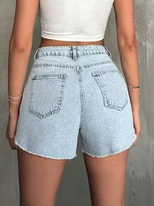 EURMUSE 女士磨損後的鬆繩牛仔短褲 - 淺色水洗藍 - 查看 2