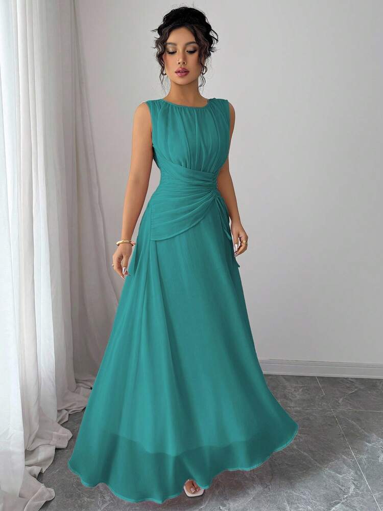 Elenzga Women's Casual Elegant Chiffon Maxi Dress, Romantic Vintage Style, Suitable For Beach, Afternoon Tea, Party, Wedding, Commuting, Sleeveless, Drawstring Waist, Pleated Back, Lined, Spring/Summer - Teal Blue - View 4