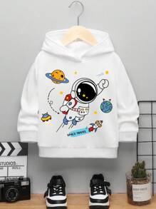 SHEIN In hình phi hành gia, áo len dệt kim thoải mái họa tiết phi hành gia thông thường dành cho bé trai trẻ, thích hợp cho mùa thu đông - trắng - Xem 1