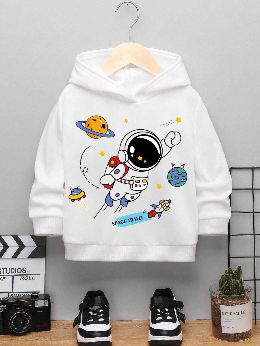 SHEIN In hình phi hành gia, áo len dệt kim thoải mái họa tiết phi hành gia thông thường dành cho bé trai trẻ, thích hợp cho mùa thu đông - trắng - Xem 1