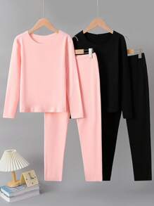 Set de 2 piezas de top de manga larga con cuello redondo y leggings forrados térmicamente de unicolor básico informal para niñas preadolescentes - Multicolor - Ver 1