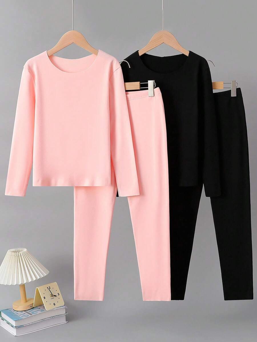 Set de 2 piezas de top de manga larga con cuello redondo y leggings forrados térmicamente de unicolor básico informal para niñas preadolescentes - Multicolor - Ver 1