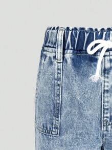 SHEIN Tween Girls' Light Blue Elastic Waist Bow Decor Casual Loose Fit Washed Wide Leg Jeans Fall Winter