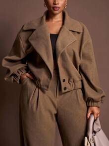 Veslaya 2025 Spring/Autumn New Arrival, Elegant & Commute & Party & Date, Solid Brown, Loose Fit Long Sleeve Plus Size Lapel Wool Blend Short Jacket For Plus Size Women - A Winter Fall