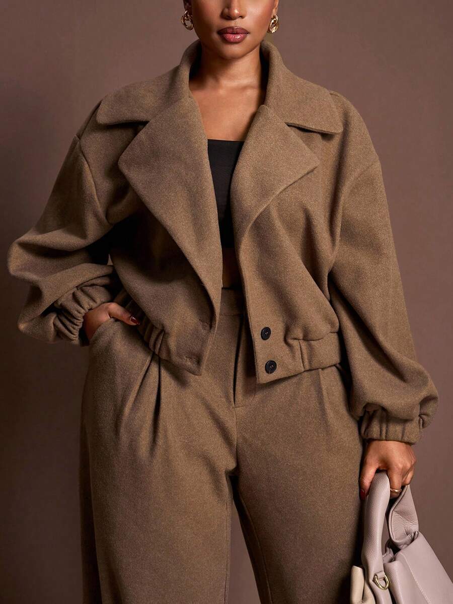 Veslaya 2025 Spring/Autumn New Arrival, Elegant & Commute & Party & Date, Solid Brown, Loose Fit Long Sleeve Plus Size Lapel Wool Blend Short Jacket For Plus Size Women - A Winter Fall
