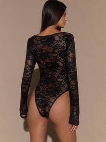 SHEIN BAE Women's Solid Black Long Sleeve Top, Sexy Deep V-Neck Lace Flare Sleeve Sheer Minimalist Elegant Romantic Blouse, Suitable For Layering, Romantic Dates, Parties In Autumn/Winter - Black - View 2