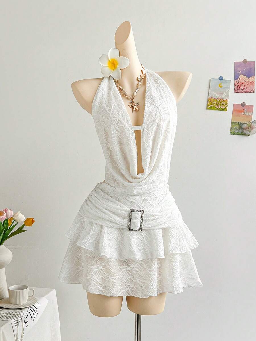 Soleia Spring & Summer Vacation Sexy Halter Draped Neck Backless Tie Strap Double-Layered Hem Metal Buckle Accent Women Mini Dress, Suitable For Music Festivals, Boho, Holidays, Dates, Cruises, Beach - White - View 1