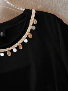 GlowEve CURVE 大码女式休闲贝壳装饰领短袖T恤 - 黑色 - 查看 4