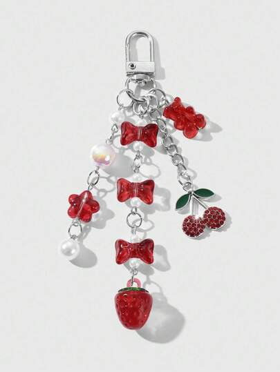 Kawaii 1pc Y2K Elegant & Sweet Versatile Minimalist High-End Silver Chain Colorful Beaded Resin Bow, Star, Bear, Strawberry, Cherry Rhinestone DIY Keychain Bag Charm, Suitable For Women, Daily Wear, Holiday Gift