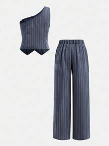 青少年女孩休闲通勤梭织条纹背心和裤子套装 - 深灰色 - 查看 3