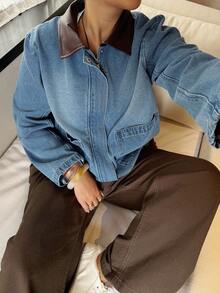 Dripcurv 大码女式复古PU拼接牛仔外套，简约日常穿搭，复古老钱风，适合秋冬新年穿着，复古牛仔外套，男友风牛仔外套，PU皮牛仔外套，秋冬牛仔外套，撞色领牛仔外套，时尚牛仔外套，圣诞牛仔外套，新年牛仔外套，冬季牛仔外套，休闲牛仔外套，工装牛仔外套，百搭牛仔外套，低调奢华牛仔外套，男友风牛仔外套，复古水洗牛仔外套 - 棕色PU撞色领，男友风版型，秋冬必备单品 - 藍色 - 查看 6