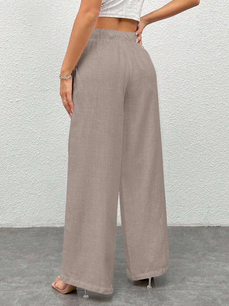 EURMUSE Women's Casual Drawstring White Woven Wide Leg Pants - Mocha Brown - View 2