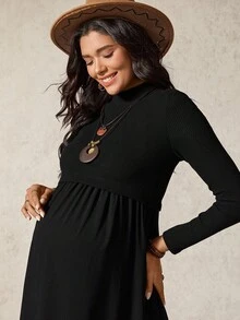 Boho Mama 孕妇纯色立领长袖休闲哺乳连衣裙 - 黑色 - 查看 5