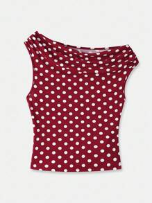 lacRébo 红色波点不对称垂褶领口上衣，度假风，时尚可爱，春季百搭，外出必备，新年法式巴黎风。 - 紅白色 - 查看 7