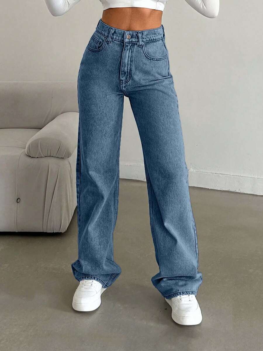 EURMUSE Snow Wash Straight Leg Jeans High Rise ,Petite Women - Blue - View 1