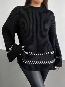 Firerie Plus Size Women's Casual Everyday Minimalist White Contrast Edge Side Slit Knit Pullover Sweater, Autumn/Winter Ribbed Sweaters Women Sweaters Plus Size Sweaters Sweaters With Bell Sleeves Embroidered Sweaters - Black - View 3