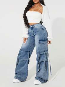 SHEIN ICON Damen Cargo Jeans in Große Größen mit Plissee-Weitem Bein und locker Passform - Blau - Übersicht 5