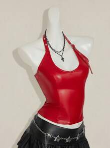 SHEIN ICON Damen einfarbiges minimalistisches Spaghetti-Träger rückenfreies PU-Leder Y2K Camisole Top, Party-/Urlaubsmode, Alltags-Lässig, Weinrot