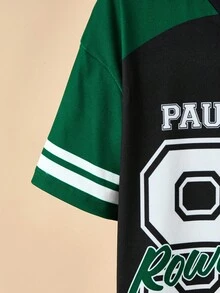 Paul Frank X SHEIN 青少年男孩运动休闲字母和数字印花 V 领短袖 T 恤，黑色和绿色