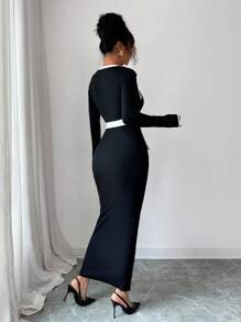 Elenzga Women's Contrast Color Long Sleeve Dress - Black and White - View 2