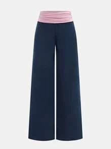Tween Girls' Casual Contrast Foldover Waist Wide Leg Sweatpants, Spring/Summer Back To School Season Fall Winter