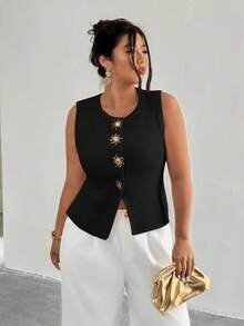Firerie Plus Size Women Metal Sun Decor Ribbed Casual Knit Vest In Fall/Winter - Black - View 4