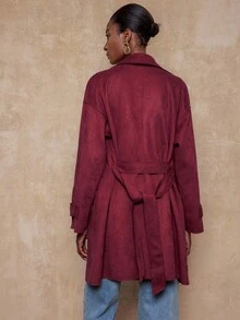 SHEIN Privé VITNOS Women's Burgundy Autumn Elegant Office Solid Color Lapel Neck Casual Trench Coat,High-End Winter Long Jacket For Date Night,Parties,Holiday - Khaki - View 3