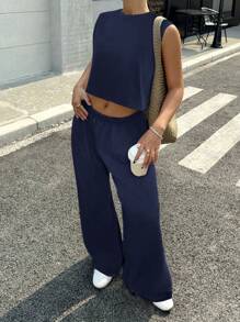 Muchica Bộ quần áo và áo thun rộng rãi cổ tròn màu xanh navy cho nữ - Màu xanh hải quân - Xem 5