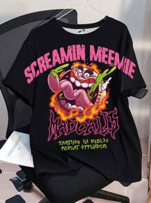 MADBALLS X SHEIN Camiseta negra holgada de manga caída con estampado de dibujos animados y eslogan para mujer de talla grande - Negro - Ver 2