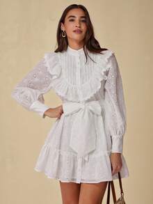 Enchnt 女士优雅纯色镂空刺绣荷叶边下摆度假连衣裙 - 白色 - 查看 6