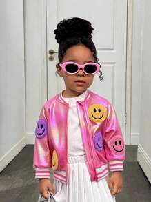 SHEIN Chaqueta de manga larga con estampado de carita sonriente rosa, versátil para otoño/invierno - Rosa - Ver 1