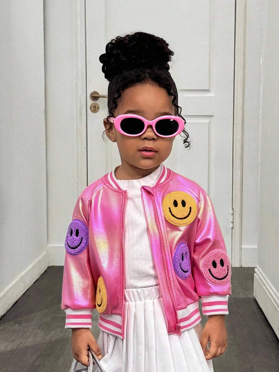 SHEIN Chaqueta de manga larga con estampado de carita sonriente rosa, versátil para otoño/invierno - Rosa - Ver 1