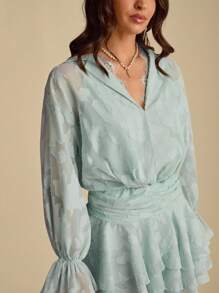 Enchnt Summer Romantic Women's Green Jacquard Cowl Lace Neck Dropped Shoulder Long Sleeve Layered Ruffle Hem Mini Dress, Suitable For Vacation,Sweet&Date&Holiday&Party&Graduation,Summer Clothes, ,Elegant Dresses For Party,Bohemian Clothes - Green - View 2