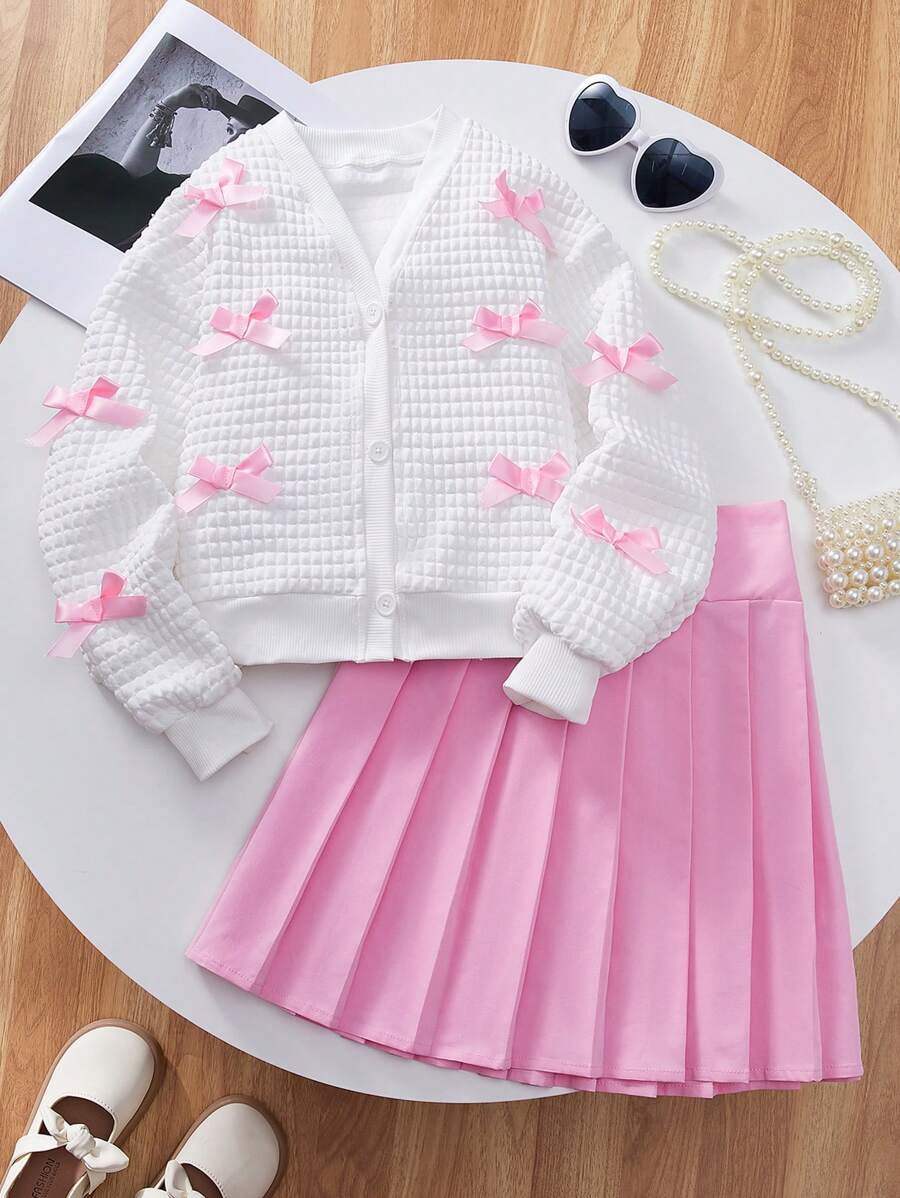 SHEIN 2 件套 少女粉色蝴蝶结装饰白色夹克和粉色百褶裙 - 彩色 - 查看 1