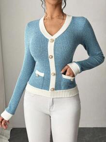 Selianne 新款拼接二合一V领修身长袖T恤，秋冬图案T恤女款春季上衣 - 彩色 - 查看 3