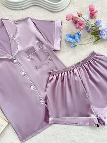 SHEIN 2件套缎面镶边领睡衣套装 - 淺灰紫 - 查看 5