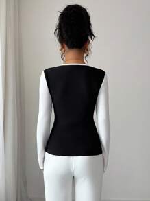 Elenzga Women's Knitted Snake Rib Fabric Square Collar Color Block Design Casual Elegant T-Shirt, Suitable For Commuting, Home, And Daily Wear In Autumn Fall Cloth For Women