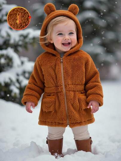 SHEIN Infant Girl Winter Fashion Simple Brown Furry Hooded, Waist Cinched Long Sleeve Jacket With Hat Ear Decor, Suitable For Photoshoot, Daily Wear, School Fall