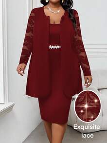 SHEIN Lady 春夏休闲优雅波西米亚风V领黑白长款复古印花长衬衫加大码直筒阔腿裤加大码两件套 - 酒紅色 - 查看 1